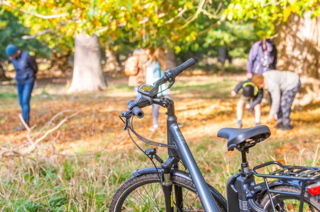 An electric bike in an autumn woodland with people searching for conkers